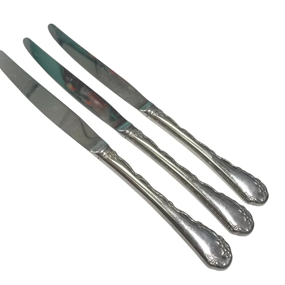 Silver Belle Rose Dinner Knives Set of 3 Floral Ornate Handle Victorian Unmarked